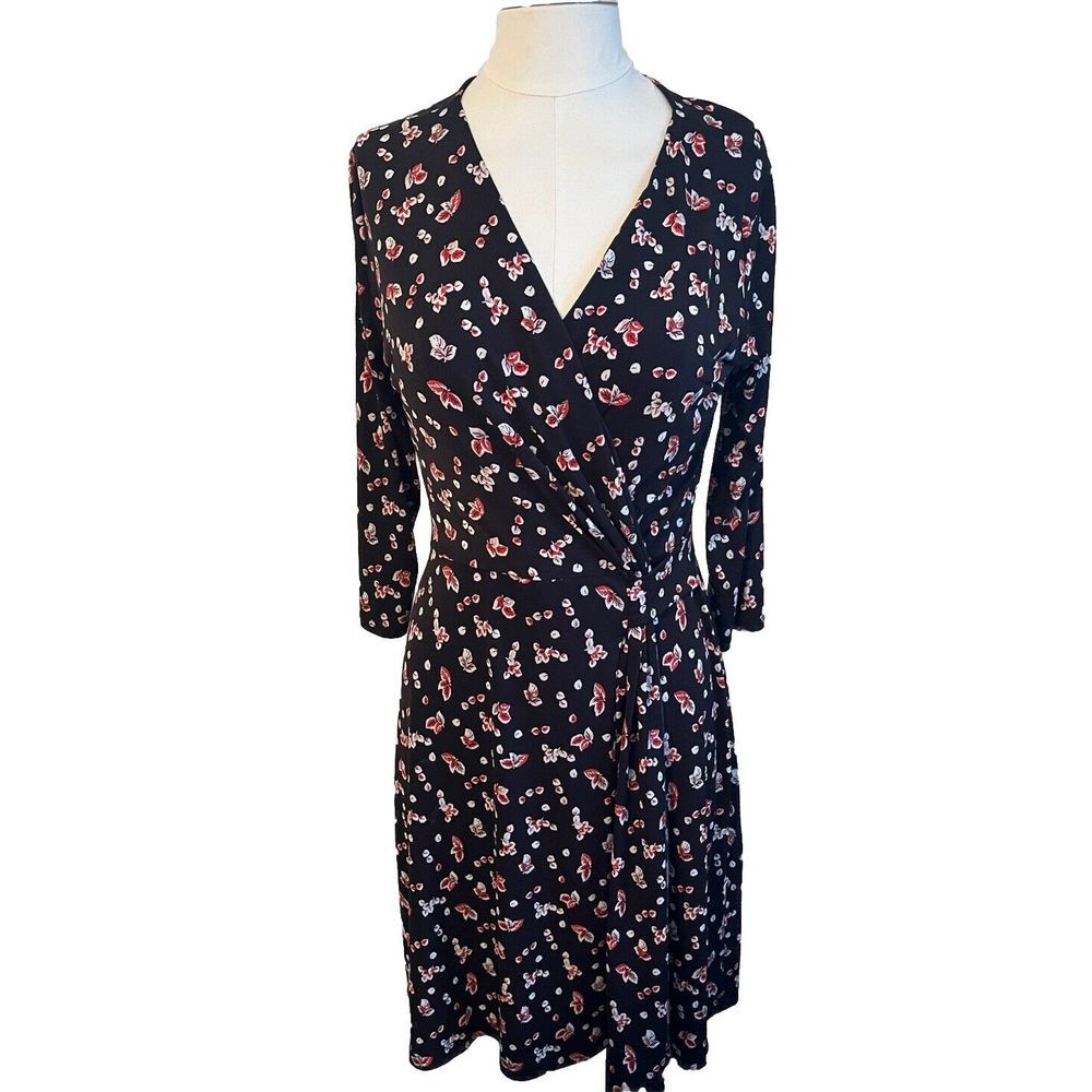 Hailey 23 Black Red Floral Print Jersey Ruched Faux Wrap Dress Size Medium